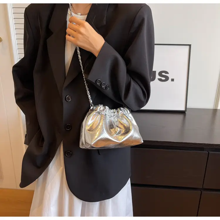 2024 New Light Silver Pleated Cloud Bag with Chain Crossbody — feature 18