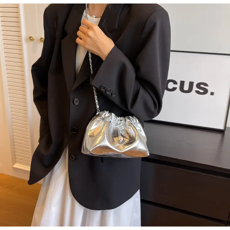 2024 New Light Silver Pleated Cloud Bag with Chain Crossbody — feature 19