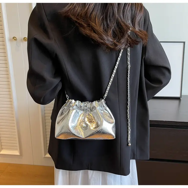 2024 New Light Silver Pleated Cloud Bag with Chain Crossbody — feature 20