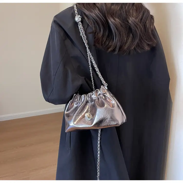 2024 New Light Silver Pleated Cloud Bag with Chain Crossbody — feature 29