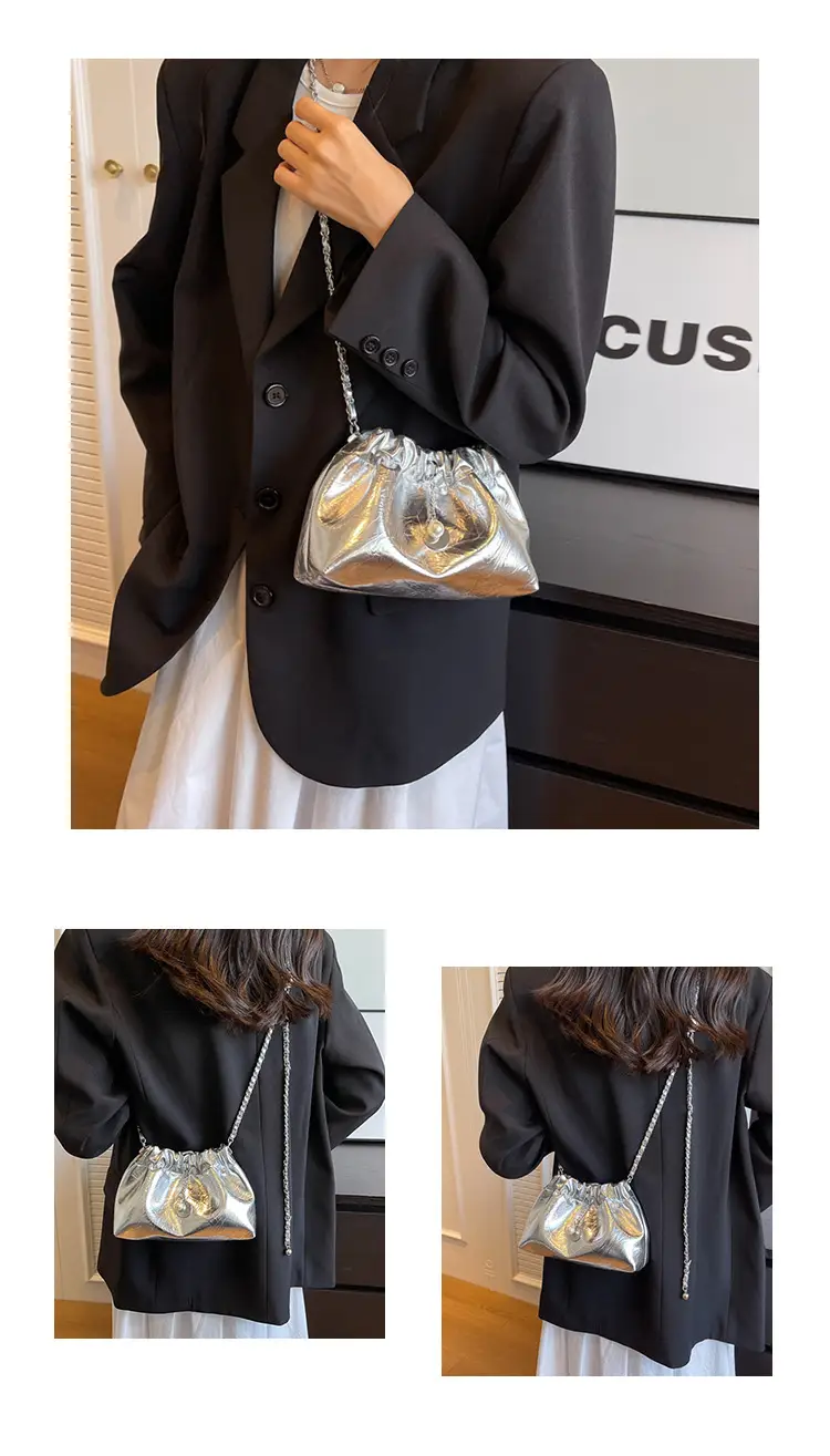 2024 New Light Silver Pleated Cloud Bag with Chain Crossbody — feature 9
