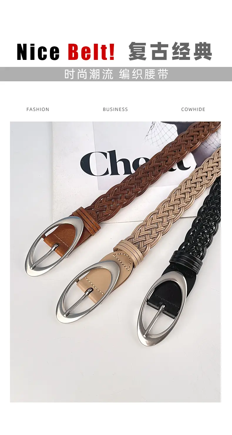 Handwoven Brown Retro Belt with Silver Buckle — feature 3