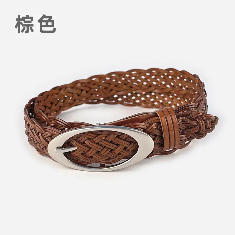 Handwoven Brown Retro Belt with Silver Buckle - Image 3