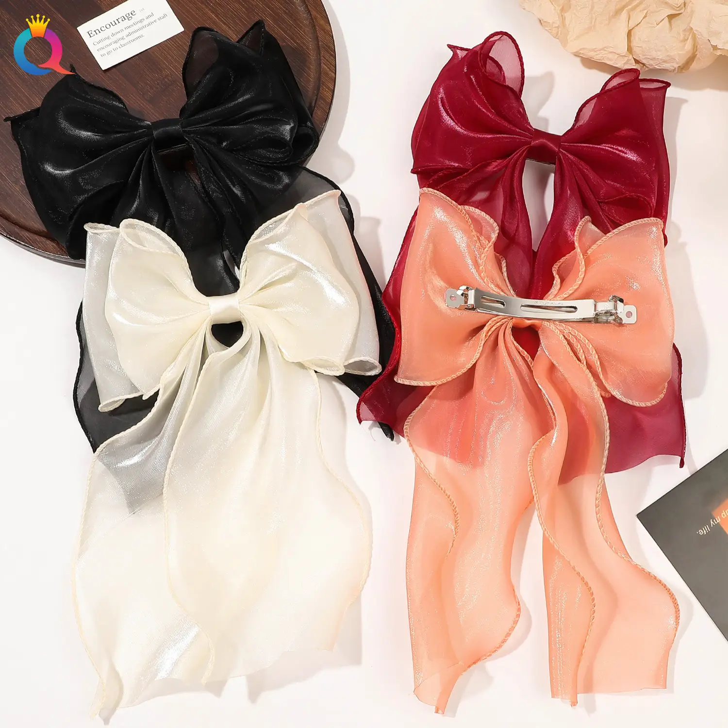 Maroon Bow Hairpin Mesh Ribbon Spring Clip Accessories — feature 17