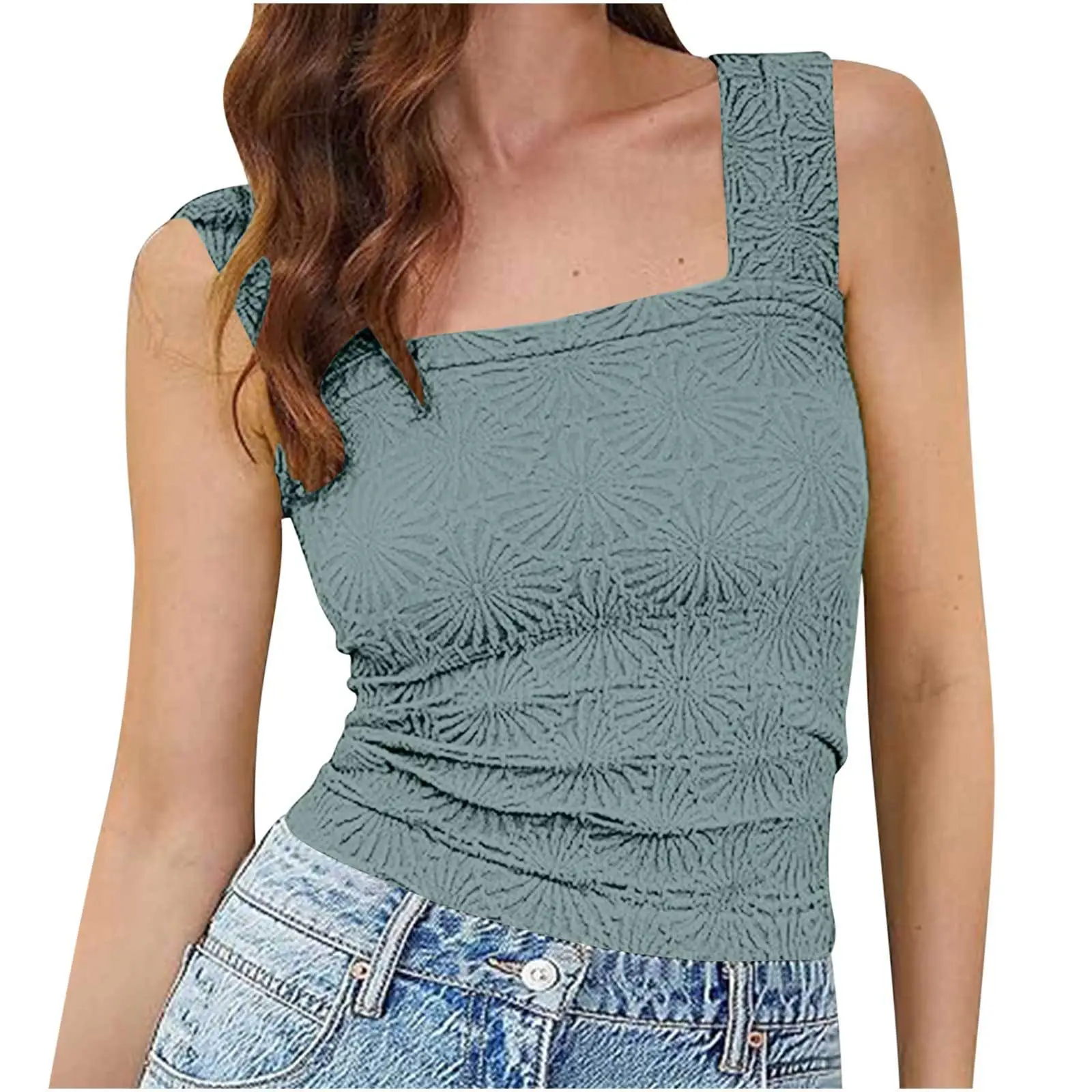 Green Jacquard Square Collar Vest for Women - Image 4