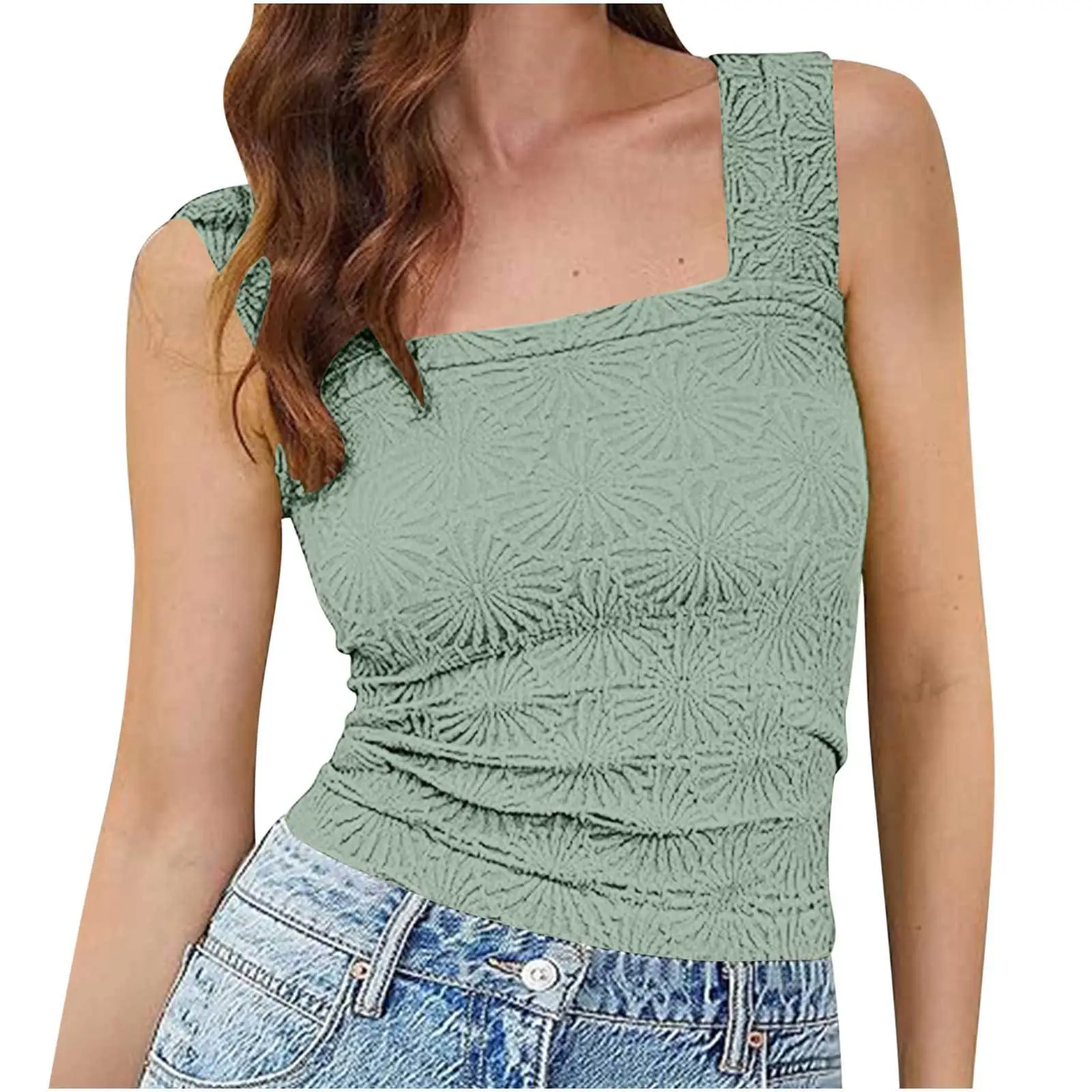 Green Jacquard Square Collar Vest for Women - Image 5