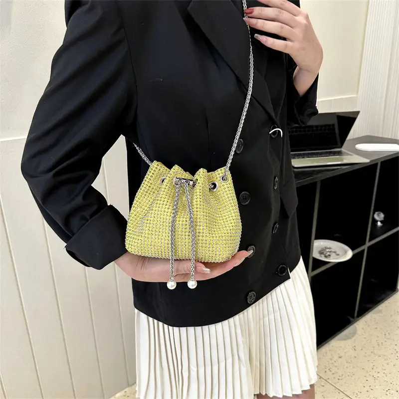 Yellow Chain Diamond Bucket Bag for Women - Image 12