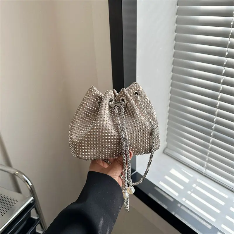 Yellow Chain Diamond Bucket Bag for Women - Image 3