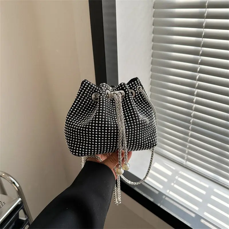 Yellow Chain Diamond Bucket Bag for Women - Image 4