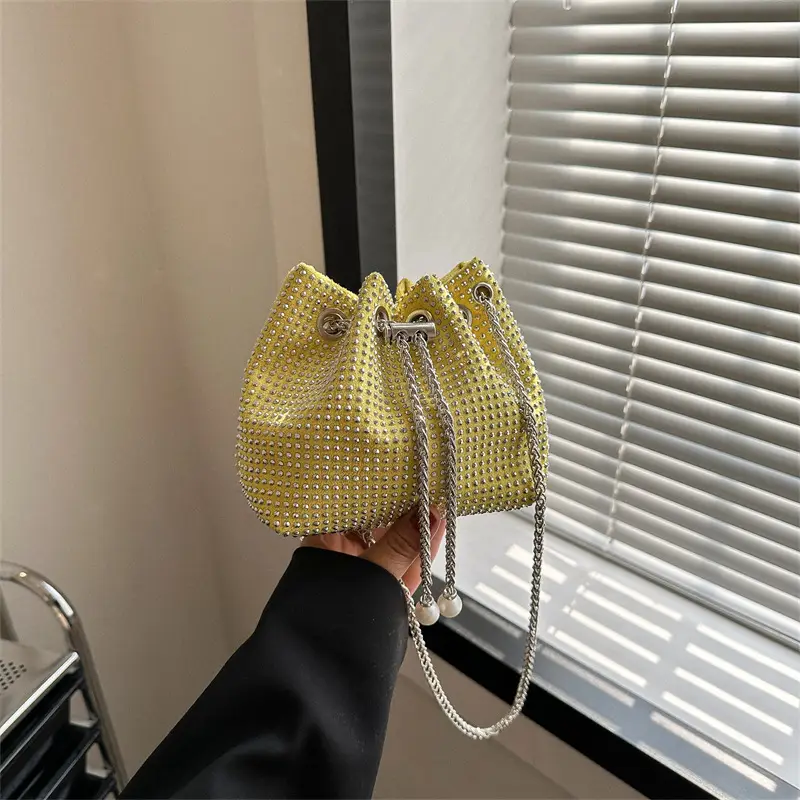 Yellow Chain Diamond Bucket Bag for Women - Image 5