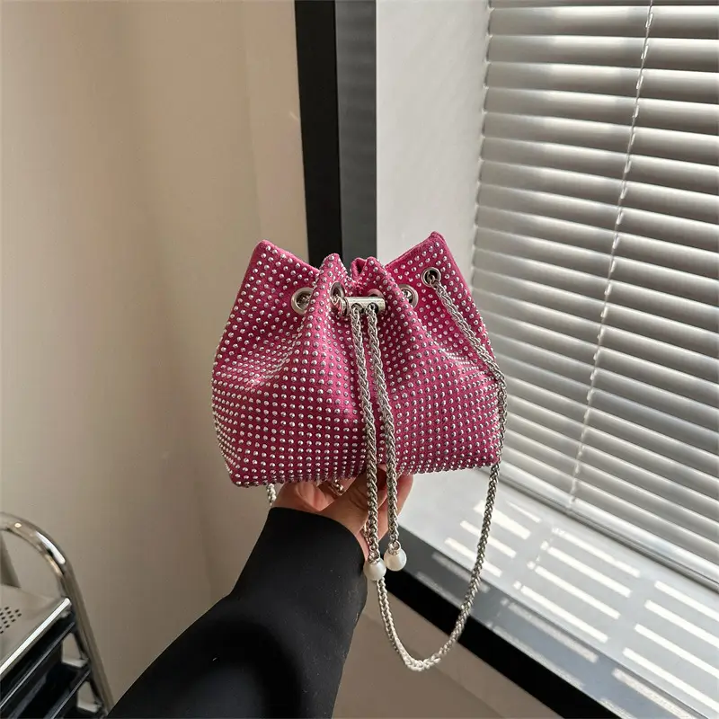 Yellow Chain Diamond Bucket Bag for Women - Image 9