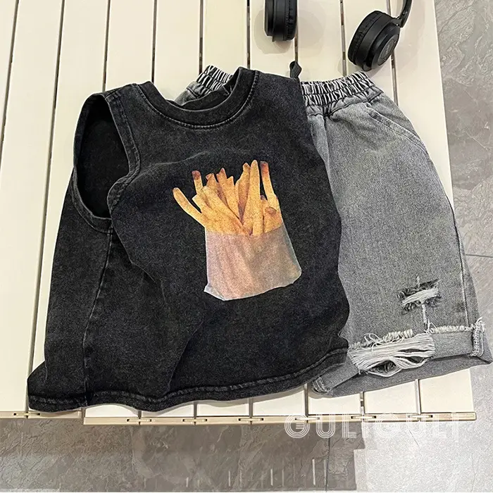 Summer Kids Sleeveless T-Shirt Black Cotton French Fries Design - Image 4