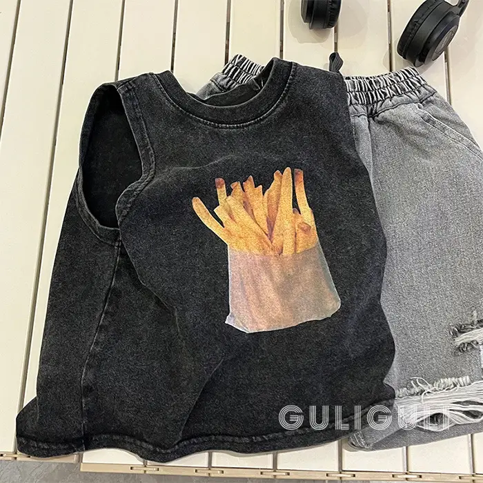 Summer Kids Sleeveless T-Shirt Black Cotton French Fries Design - Image 5