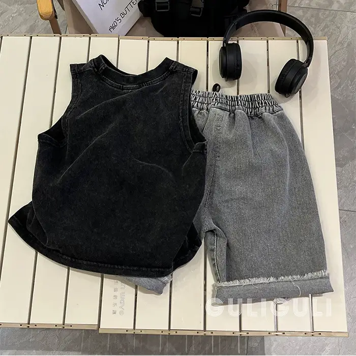 Summer Kids Sleeveless T-Shirt Black Cotton French Fries Design - Image 6