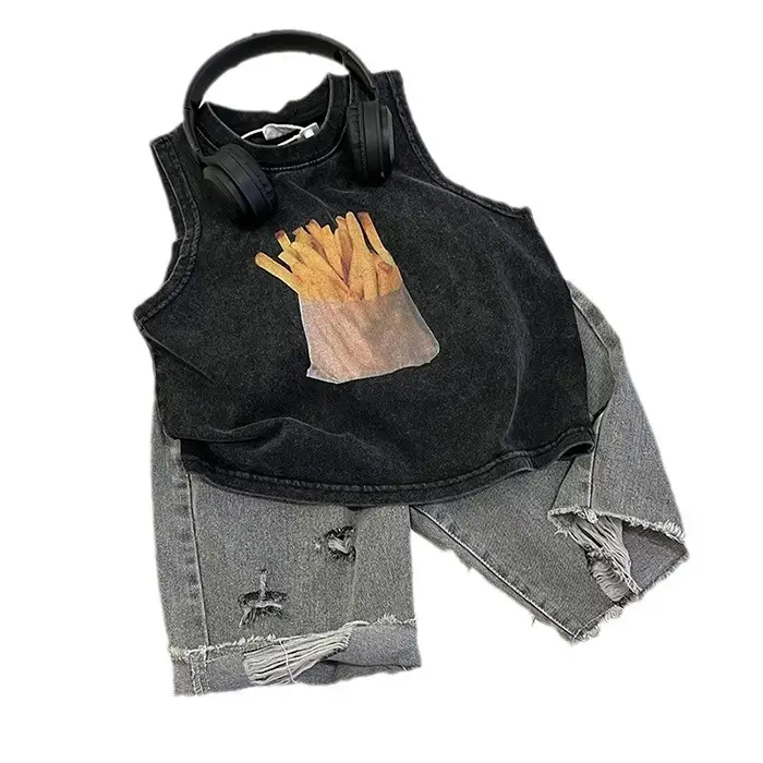 Summer Kids Sleeveless T-Shirt Black Cotton French Fries Design - Image 7