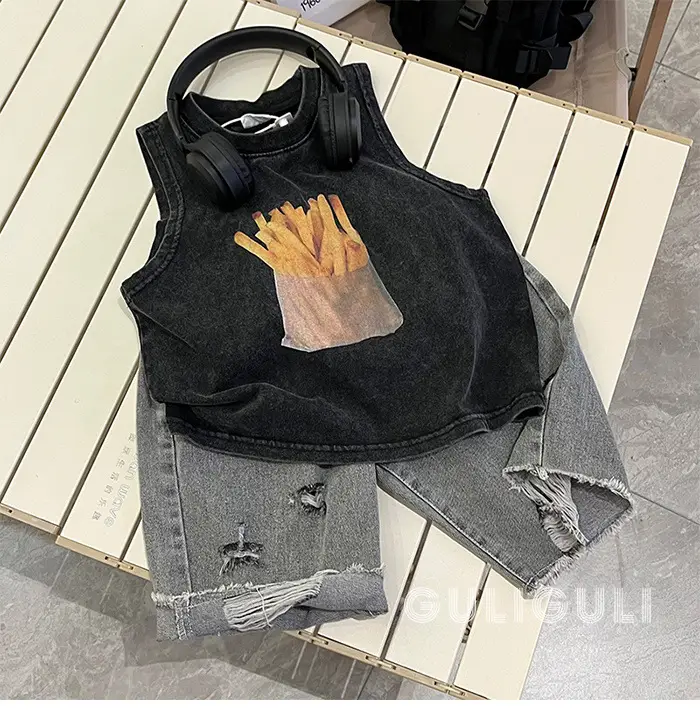 Summer Kids Sleeveless T-Shirt Black Cotton French Fries Design — feature 2