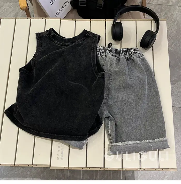 Summer Kids Sleeveless T-Shirt Black Cotton French Fries Design — feature 3