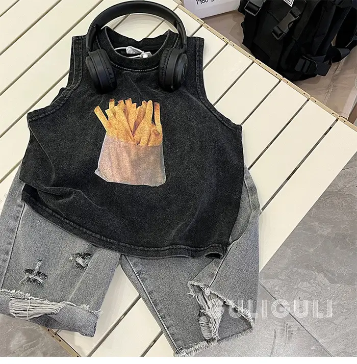 Summer Kids Sleeveless T-Shirt Black Cotton French Fries Design — feature 4