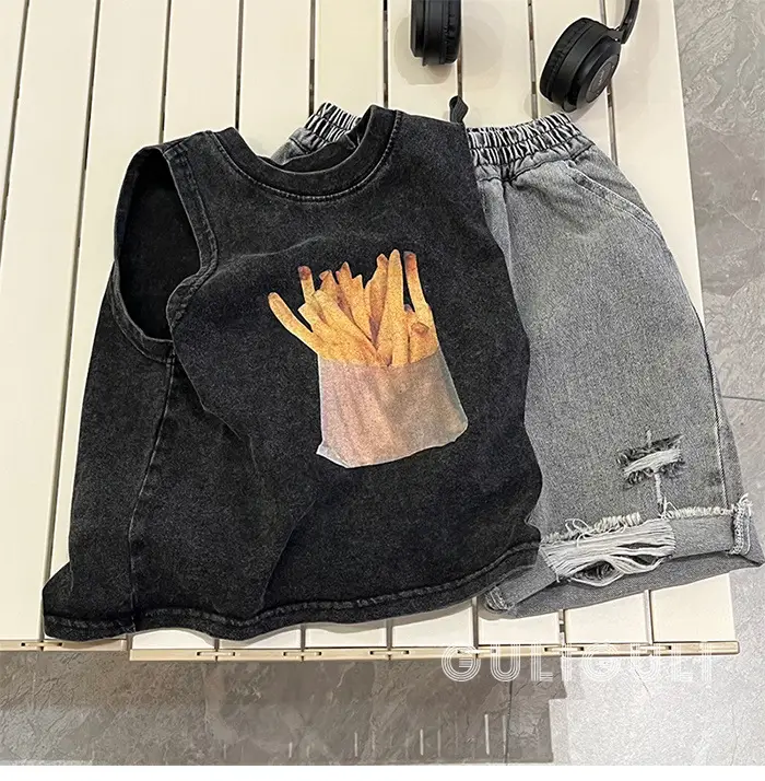 Summer Kids Sleeveless T-Shirt Black Cotton French Fries Design — feature 5