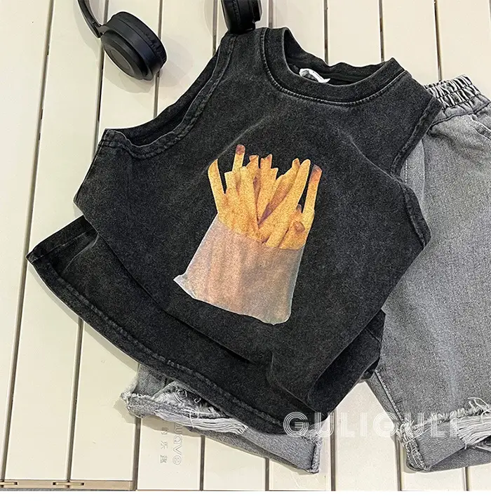 Summer Kids Sleeveless T-Shirt Black Cotton French Fries Design — feature 6