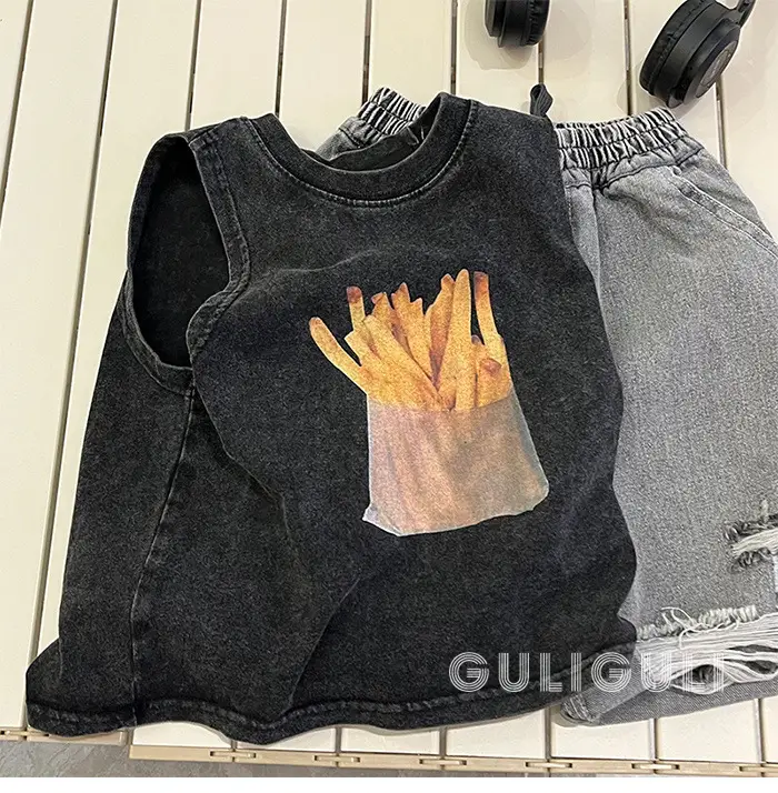 Summer Kids Sleeveless T-Shirt Black Cotton French Fries Design — feature 7