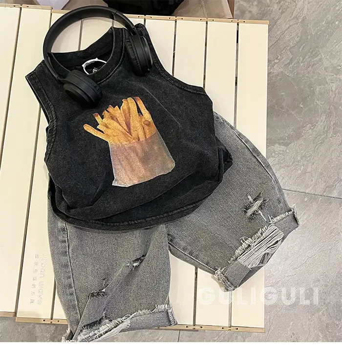 Summer Kids Sleeveless T-Shirt Black Cotton French Fries Design — feature 8