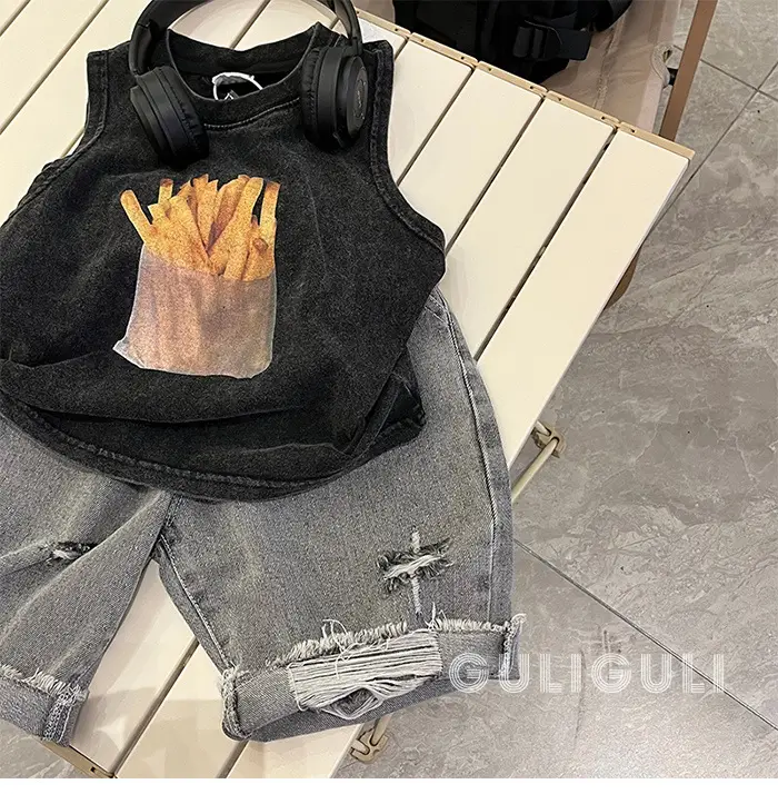 Summer Kids Sleeveless T-Shirt Black Cotton French Fries Design — feature 9