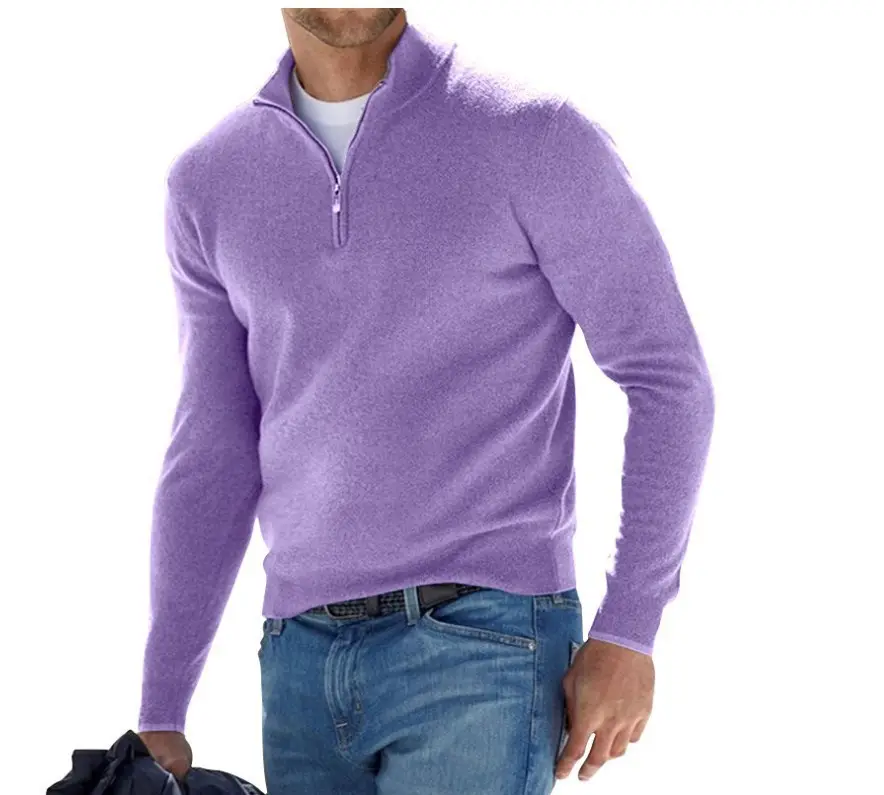 Men's Pink Wool Velvet V-Neck Zipper Top