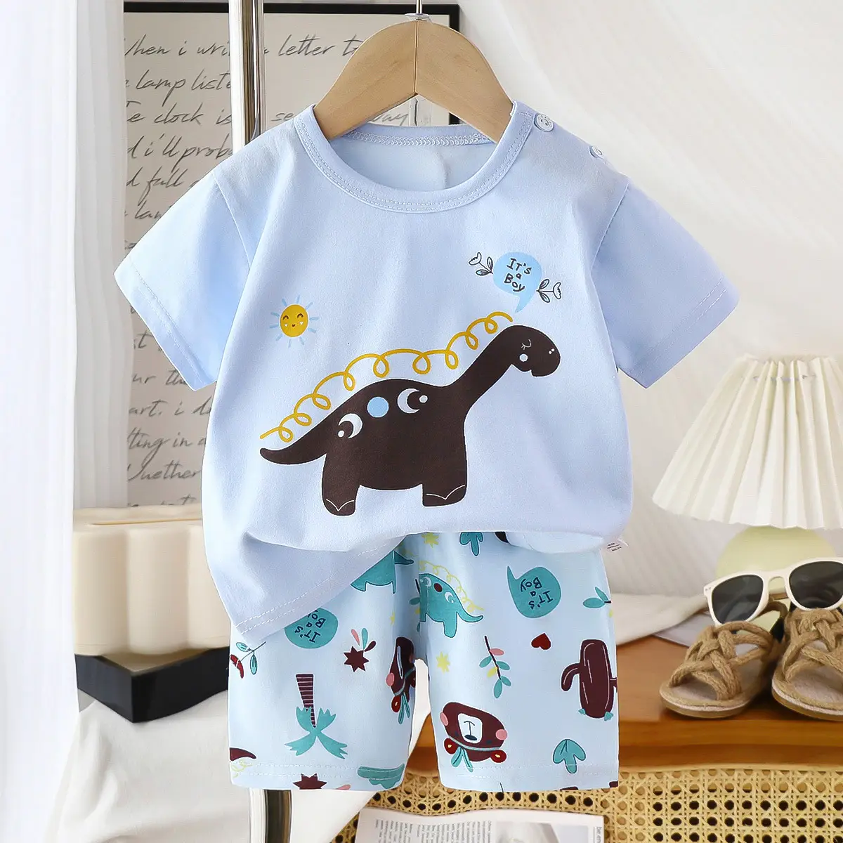 Baby Dinosaur Print Cotton Shorts Set Light Blue - Image 21