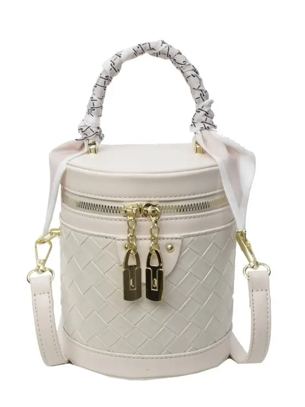 White Woven Silk Handbag with Gold Tassel Handles - Image 9
