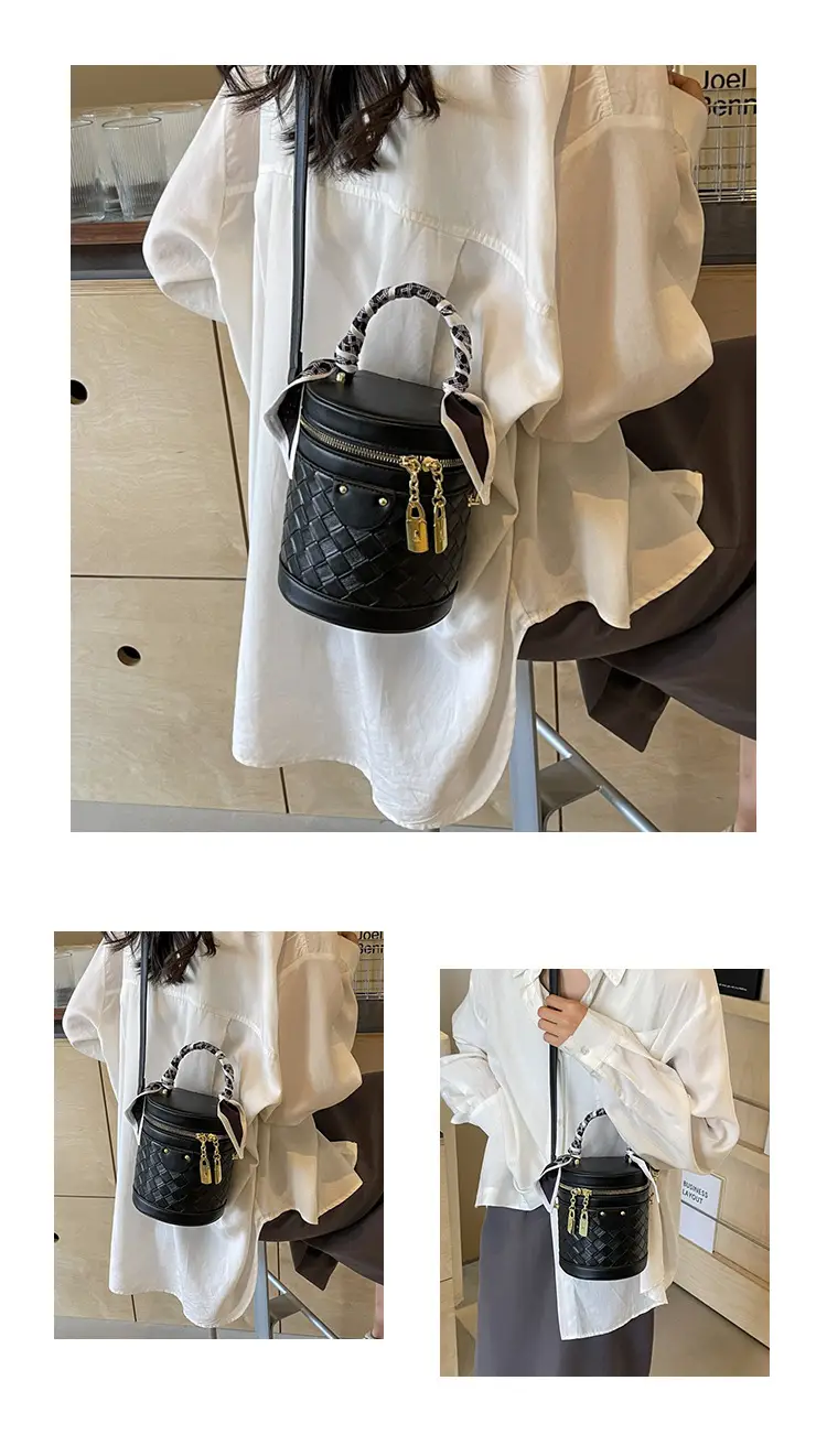 White Woven Silk Handbag with Gold Tassel Handles — feature 21