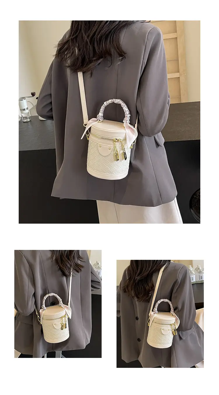 White Woven Silk Handbag with Gold Tassel Handles — feature 22