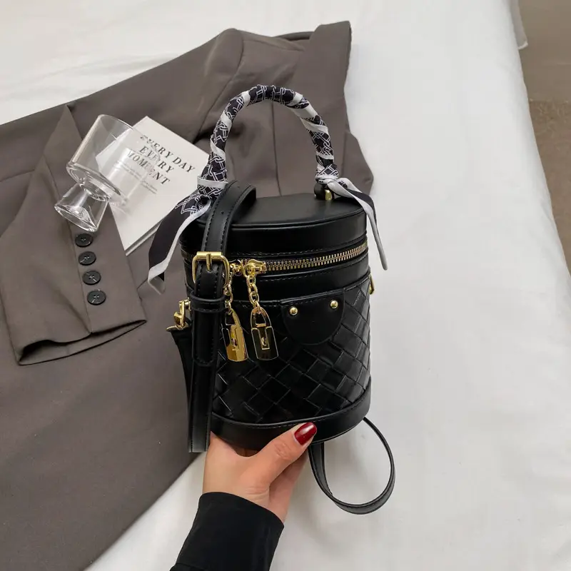 White Woven Silk Handbag with Gold Tassel Handles - Image 2