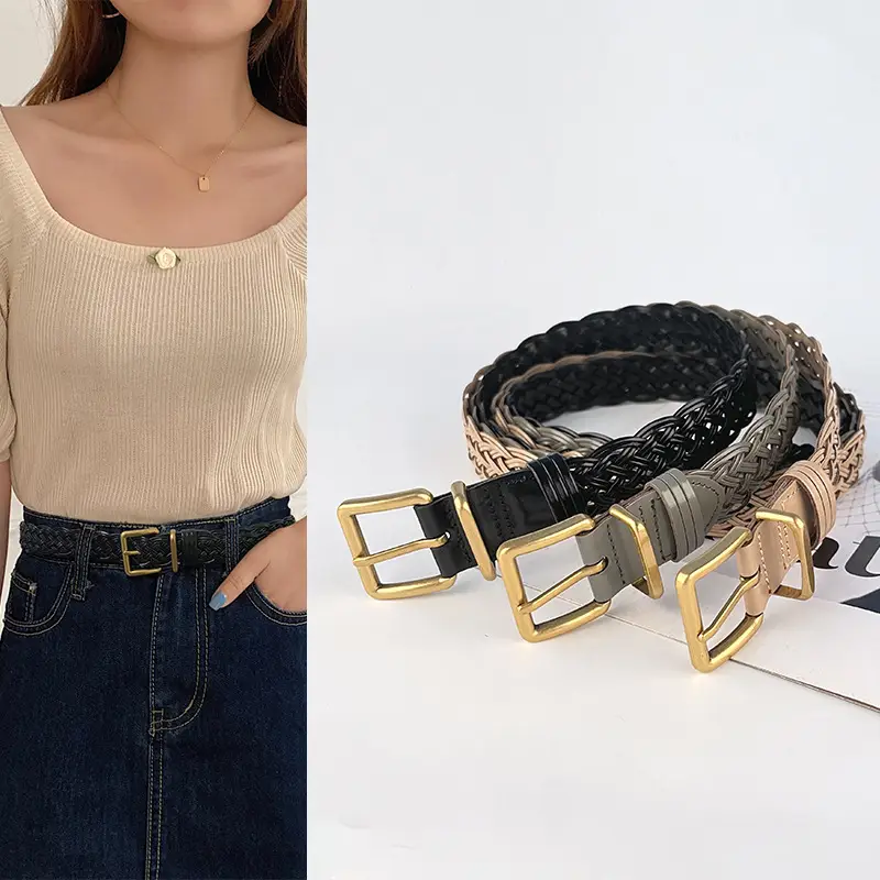 Black Handwoven Women's Belt with Gold Buckle - Image 8