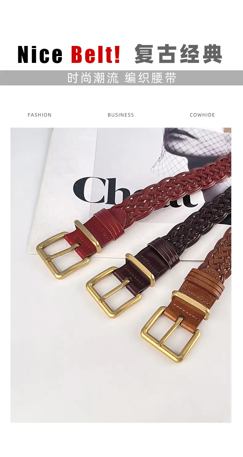 Black Handwoven Women's Belt with Gold Buckle — feature 3