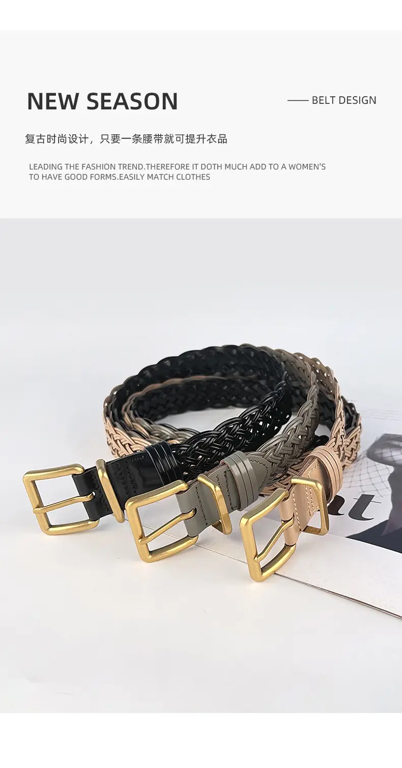 Black Handwoven Women's Belt with Gold Buckle — feature 4