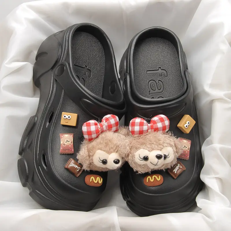 Summer Stuffed Bear DIY Croc Shoes Women's Outdoor Wear High Heels Thick Soled Small Size Increased Eva Sandals and Slippers Foreign Trade Cross