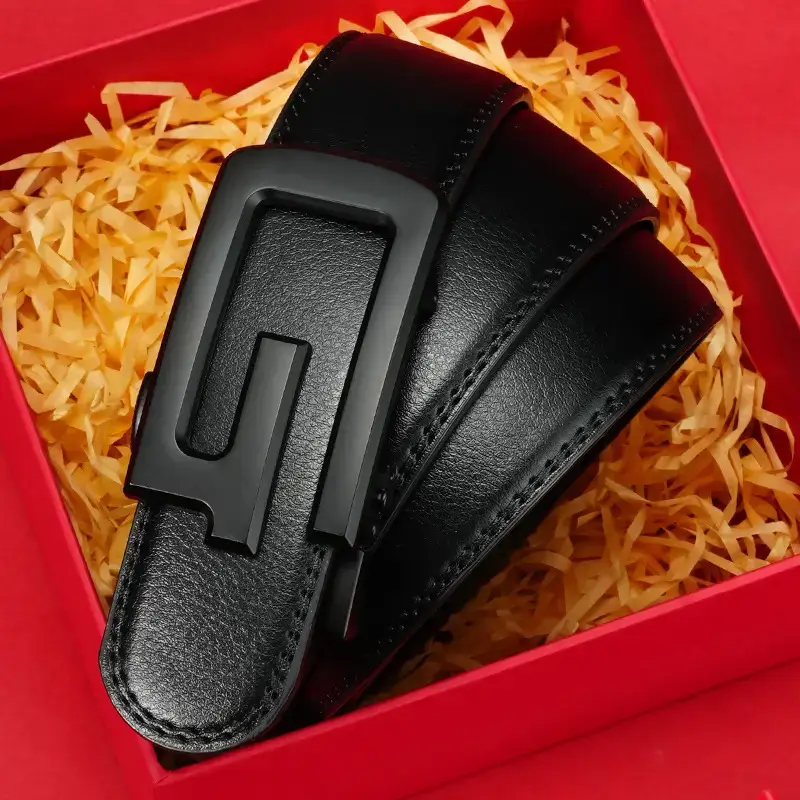 Men's Black Leather Belt with Automatic Buckle - Image 5