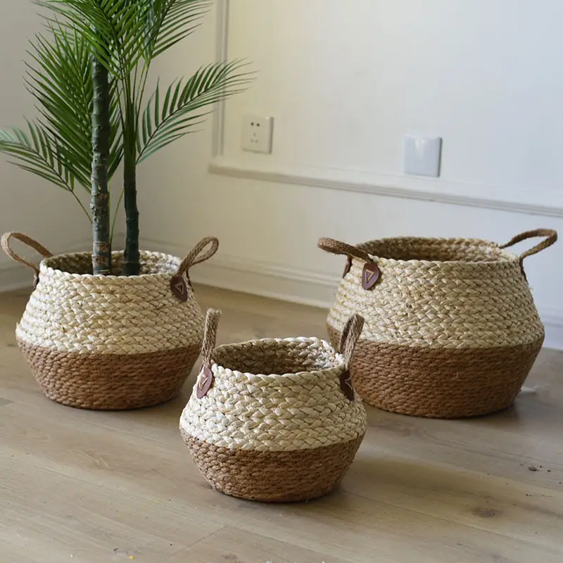 Cross-border Hot Selling Straw Woven Decorative Basket Flower Pot Set Rattan Woven Flower Pot Flower Basket Foldable Woven Home Plants