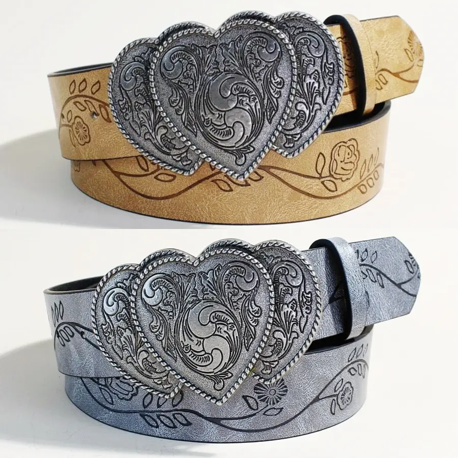 European Western Belt with Heart Embroidery Grey Belt for Women - Image 3