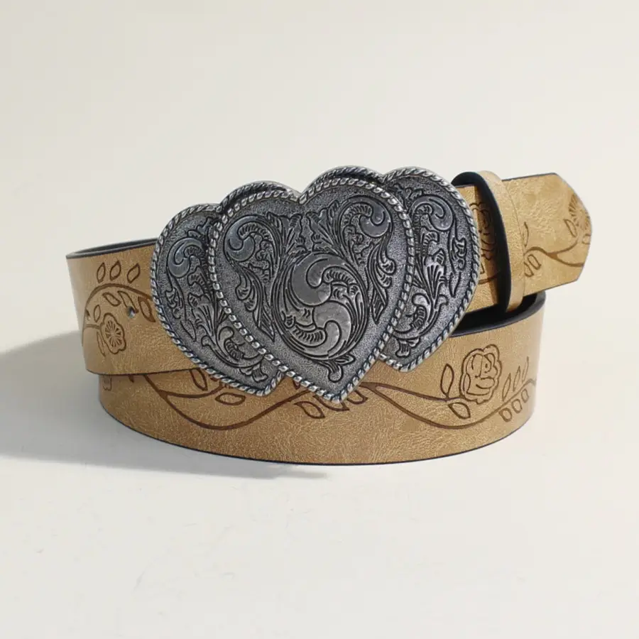 European Western Belt with Heart Embroidery Grey Belt for Women - Image 2