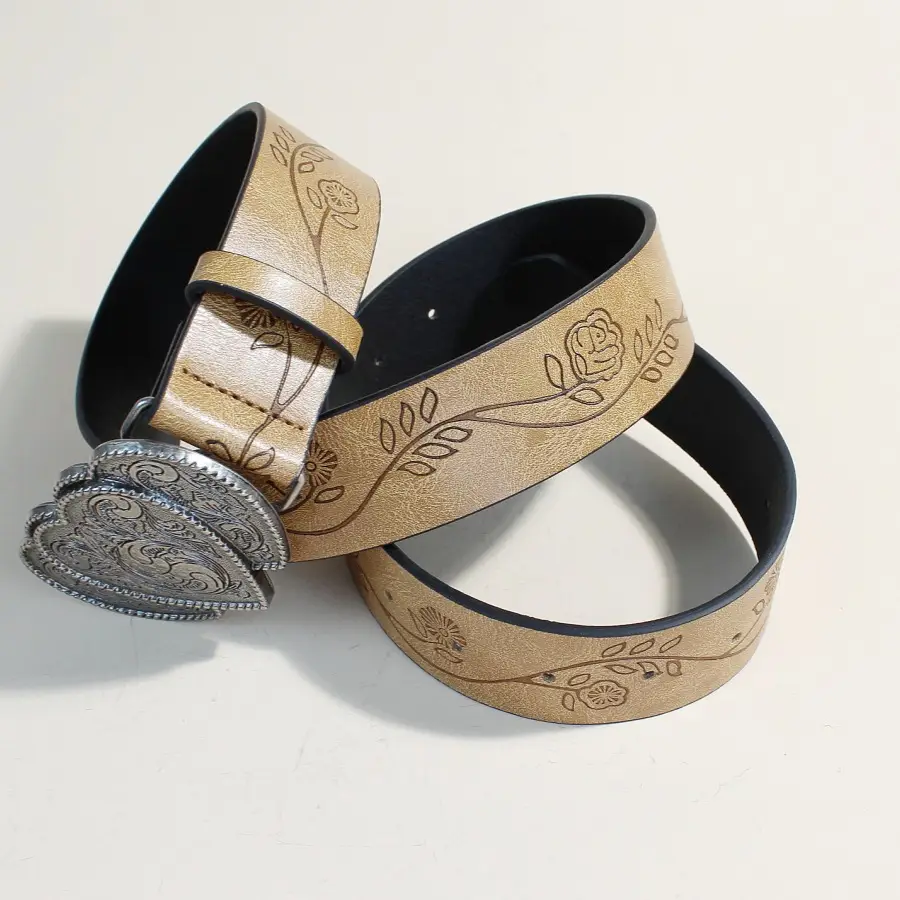European Western Belt with Heart Embroidery Grey Belt for Women - Image 4