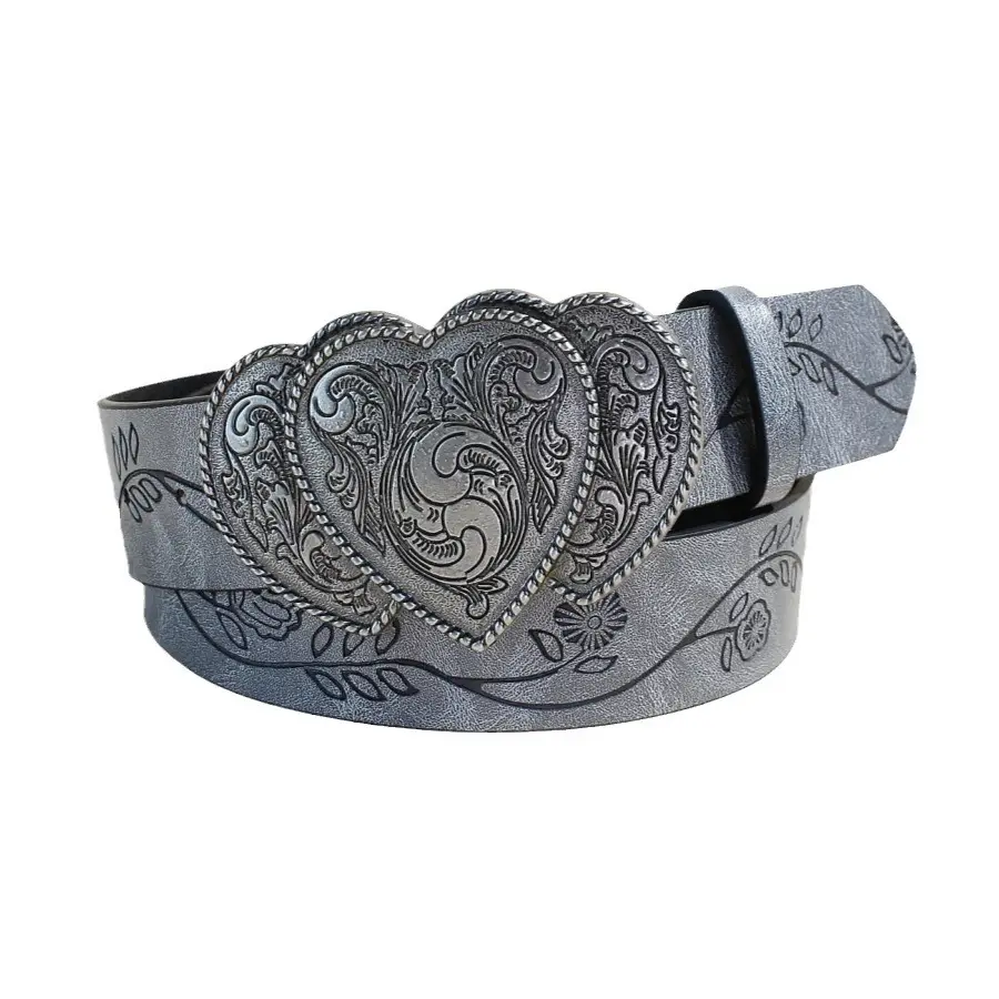 European Western Belt with Heart Embroidery Grey Belt for Women - Image 5