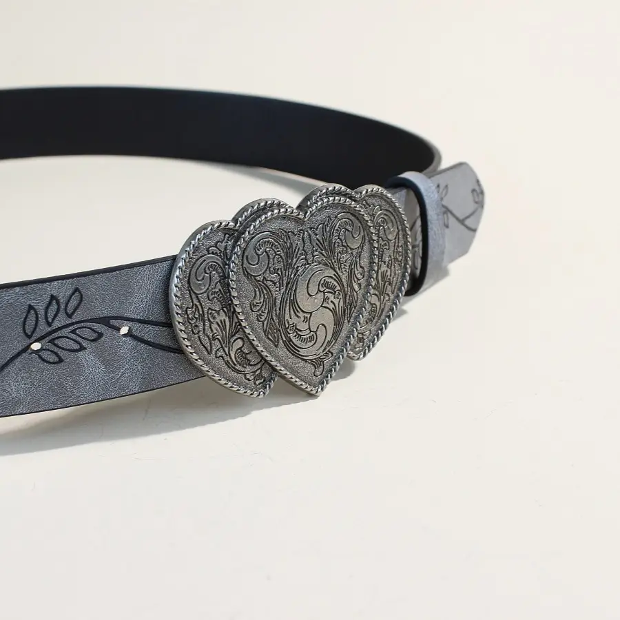European Western Belt with Heart Embroidery Grey Belt for Women — feature 11