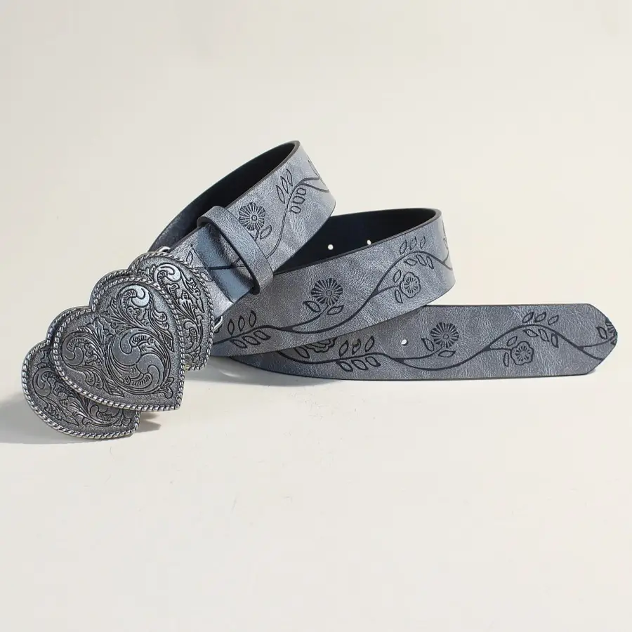 European Western Belt with Heart Embroidery Grey Belt for Women — feature 13