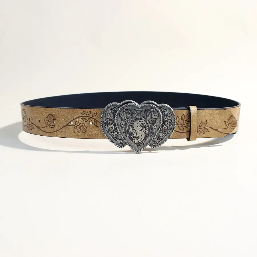 European Western Belt with Heart Embroidery Grey Belt for Women — feature 3