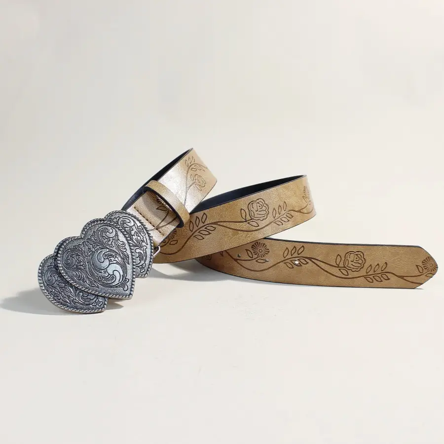 European Western Belt with Heart Embroidery Grey Belt for Women — feature 6