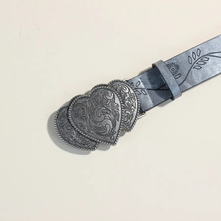 European Western Belt with Heart Embroidery Grey Belt for Women — feature 8