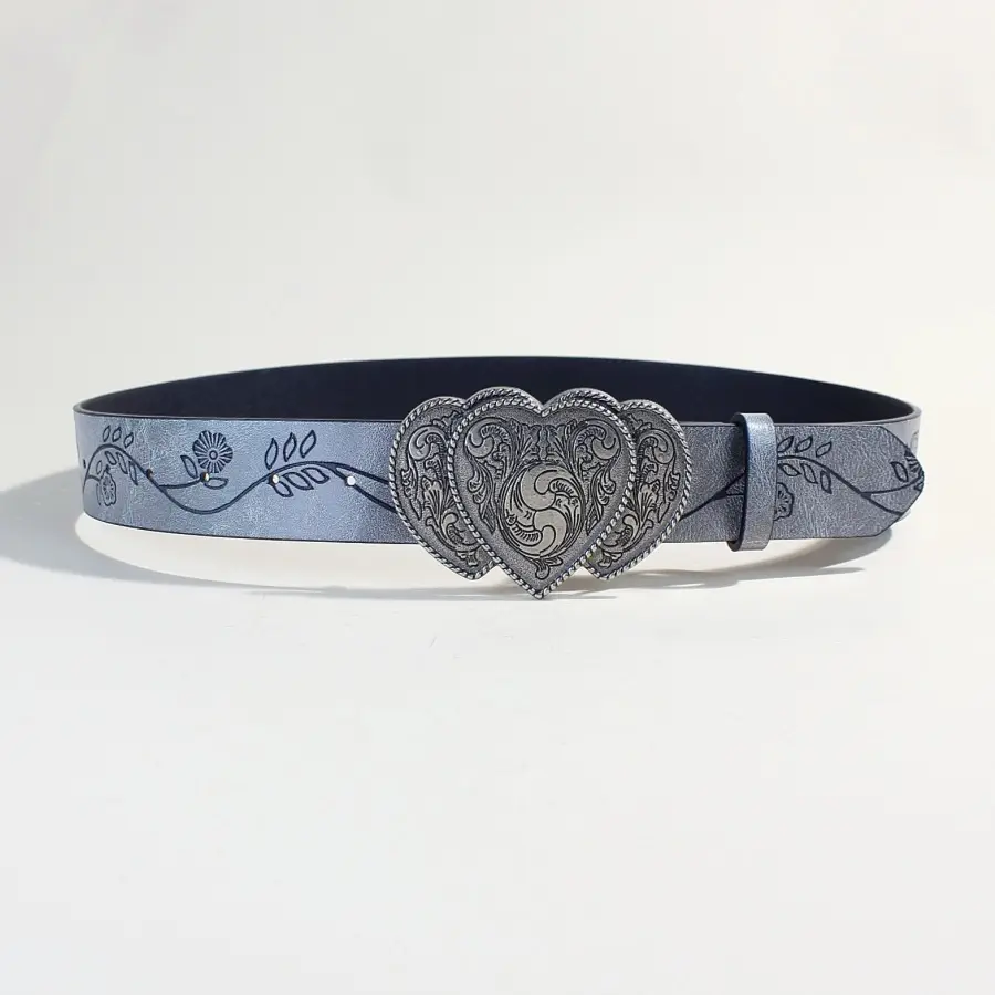 European Western Belt with Heart Embroidery Grey Belt for Women — feature 9