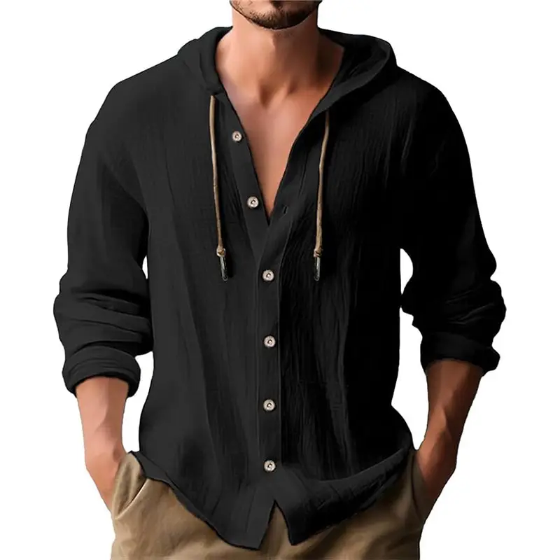 Men Light Blue Hooded Drawstring Shirt Cotton Linen Casual Long Sleeve - Image 23